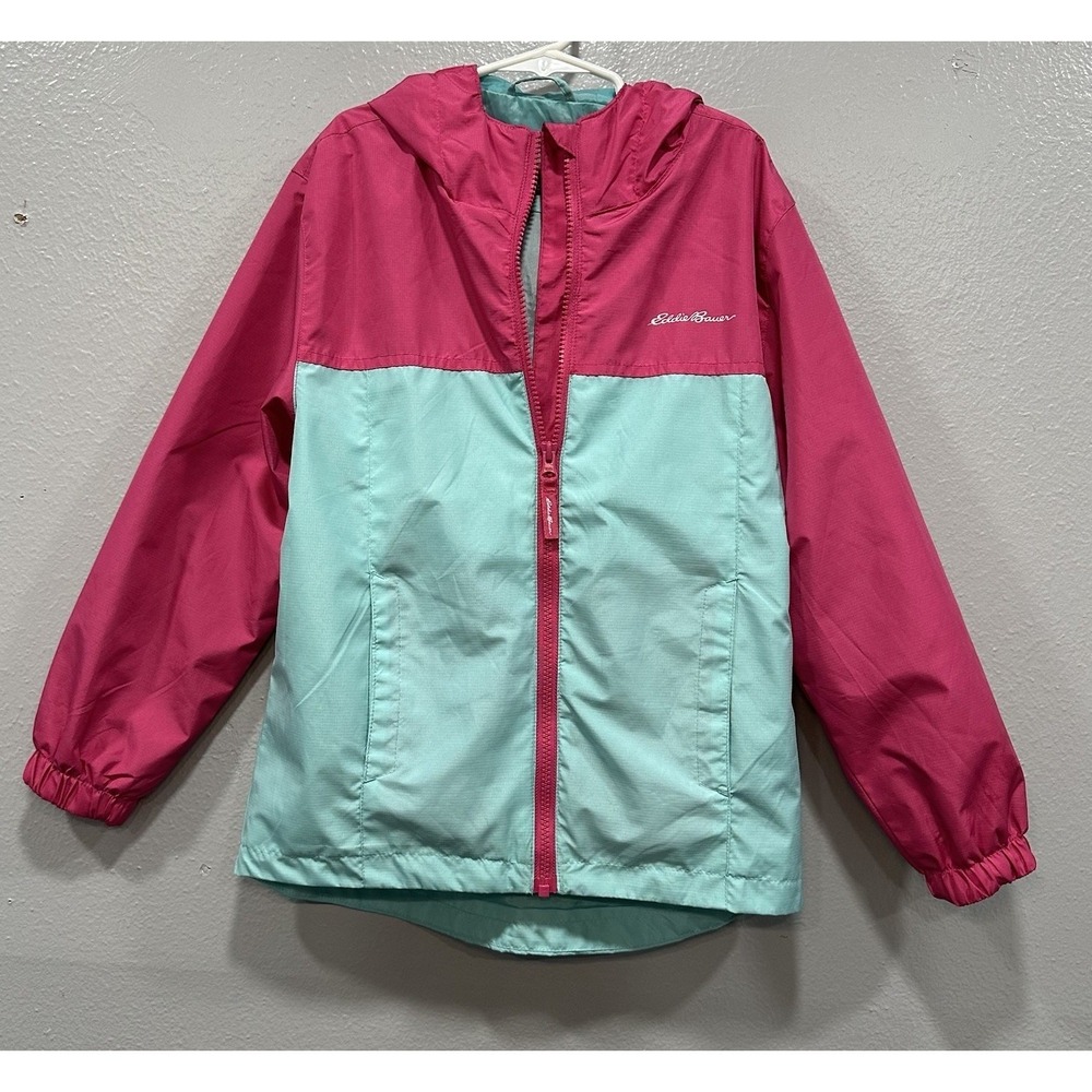 Eddie Bauer Windbreaker Full Zip Girls Sz S 7/8 Fuchsia & Aqua Blue Hood Pockets